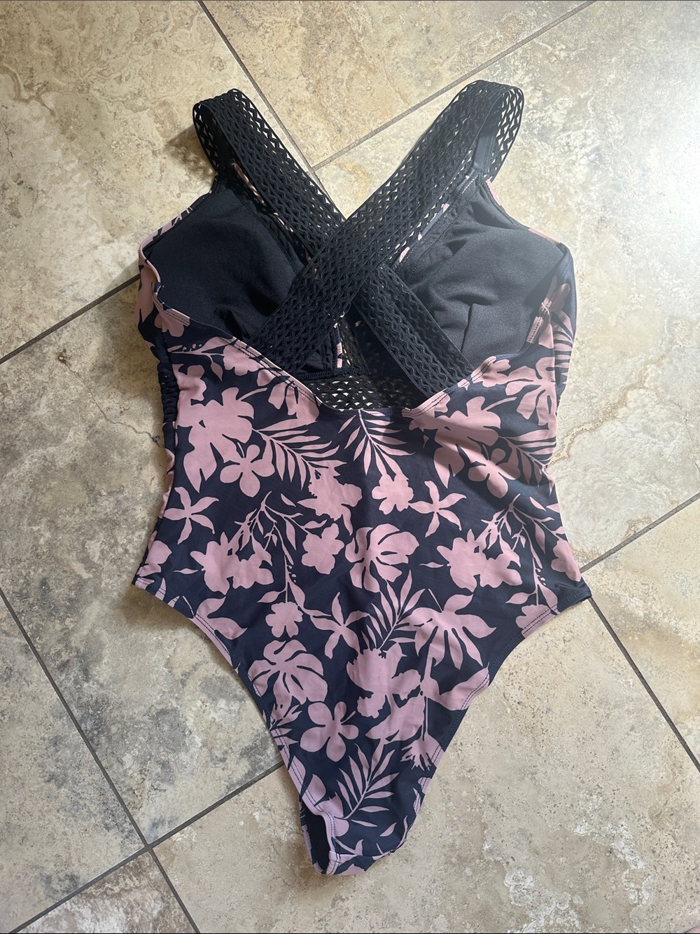 Black & Pink mauve Floral One-Piece Swimsuit with Crochet Detail - Picture 2 of 4